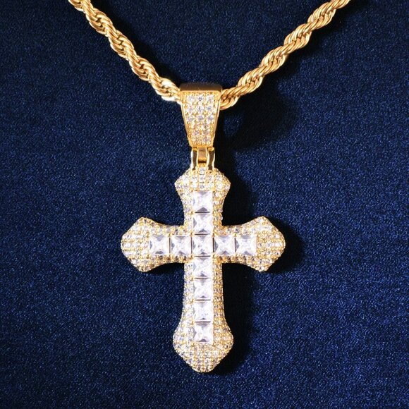 Iced Out Gold & Silver Color Cross Pendant For Men with Rope Chain - Picture 8 of 9